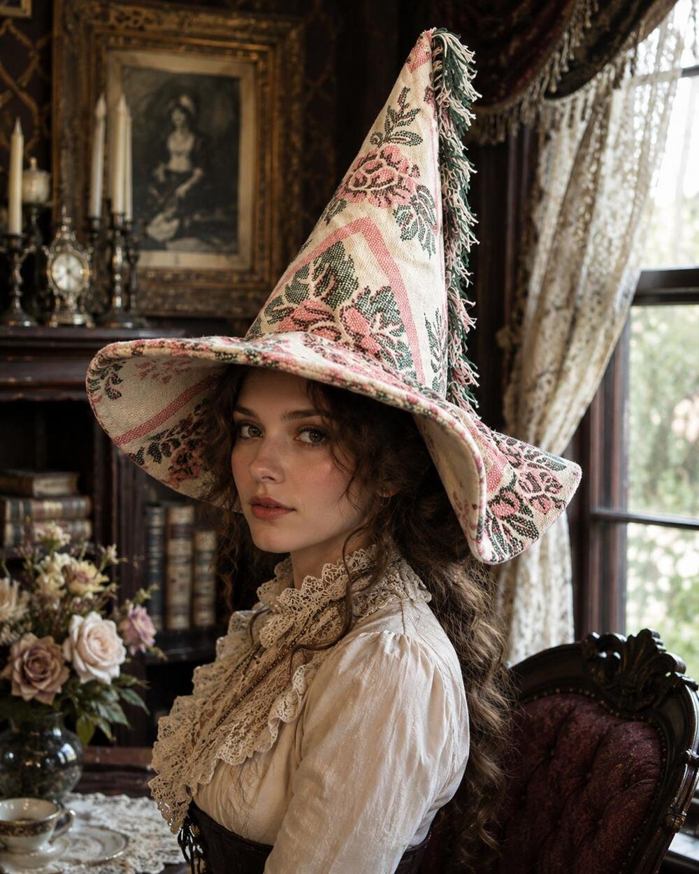 Handmade Pink Floral Witches Hat | Cottagecore Witch Hat | Adjustable